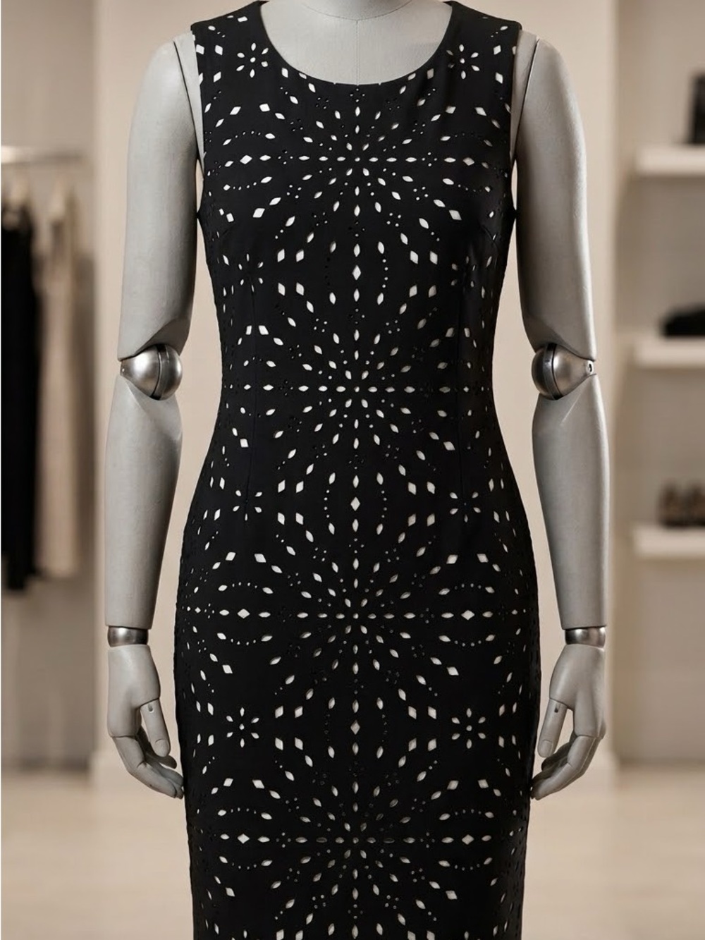 Black Laser-Cut Sheath Dress with Floral Cutwork